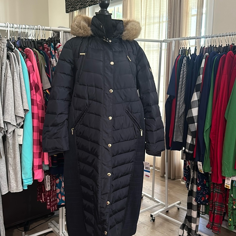 Michael Kors Long Black Quilted Down Coat with Faux Fur Trim